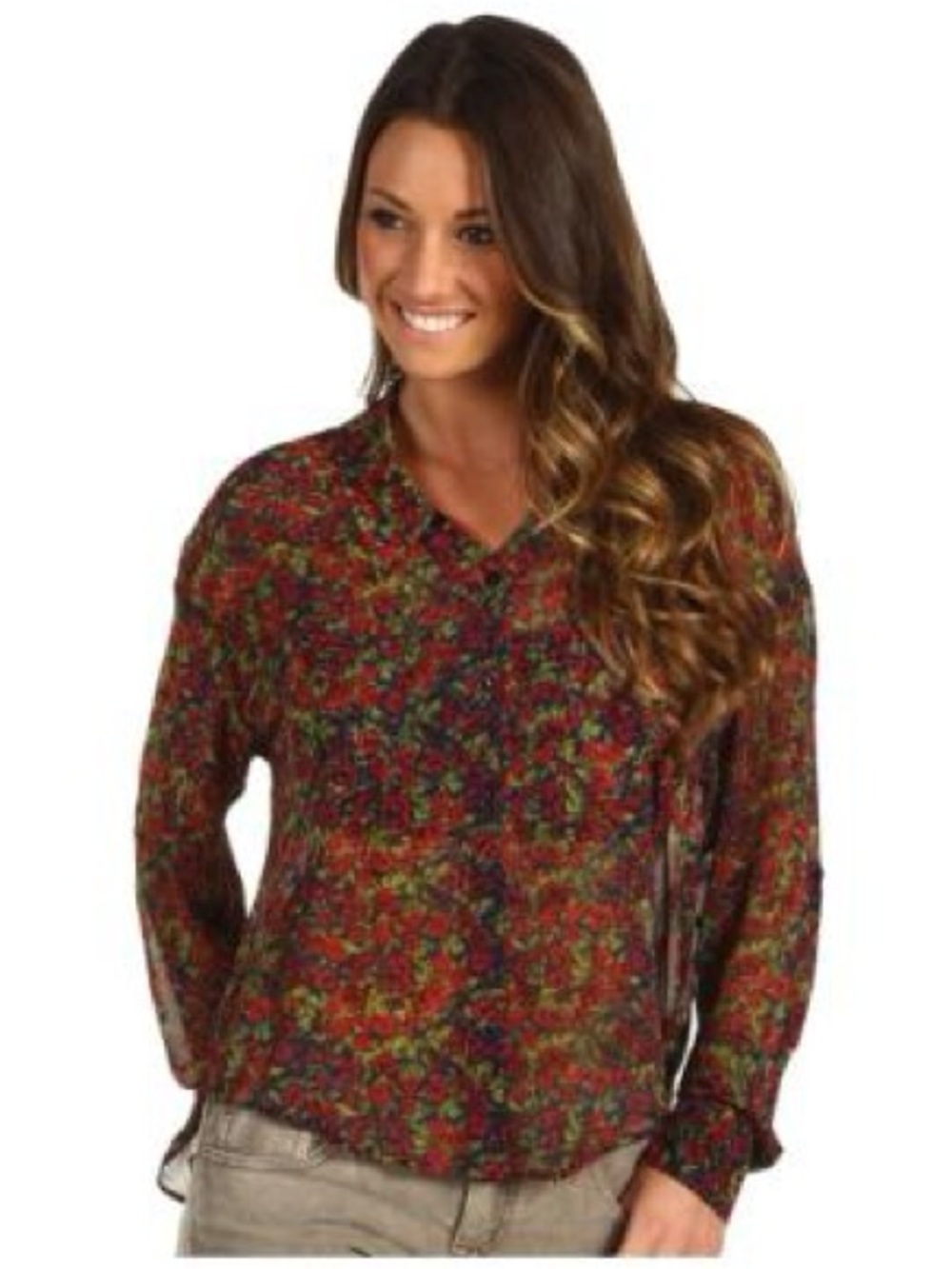 Free People Easy Rider Sheer Floral Chiffon Button Down Blouse Top - S